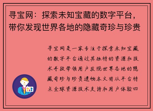 寻宝网:探索未知宝藏的数字平台,带你发现世界各地的隐藏奇珍与珍贵遗物